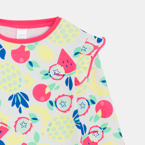 تي شيرت أبيض واقٍ من الأشعة فوق البنفسجية عليه صور فاكهة للطفلة الرضيعة